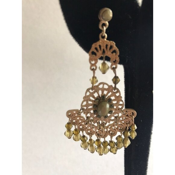 Vintage Gold Tone Filigree Pierced Wire Chandelier Dangle Earrings Chartreuses - Picture 6 of 10